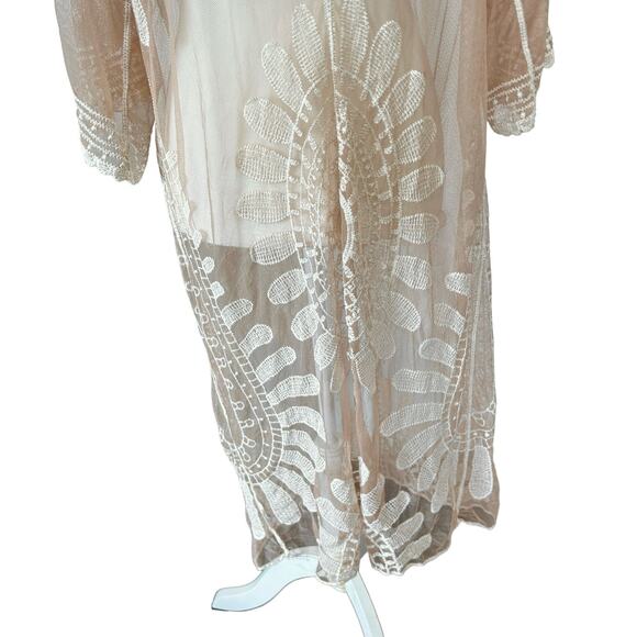 Rebellion Boho Open Duster Swim Cover Medium Tan Cream Floral Embroidery Sheer - Picture 12 of 16